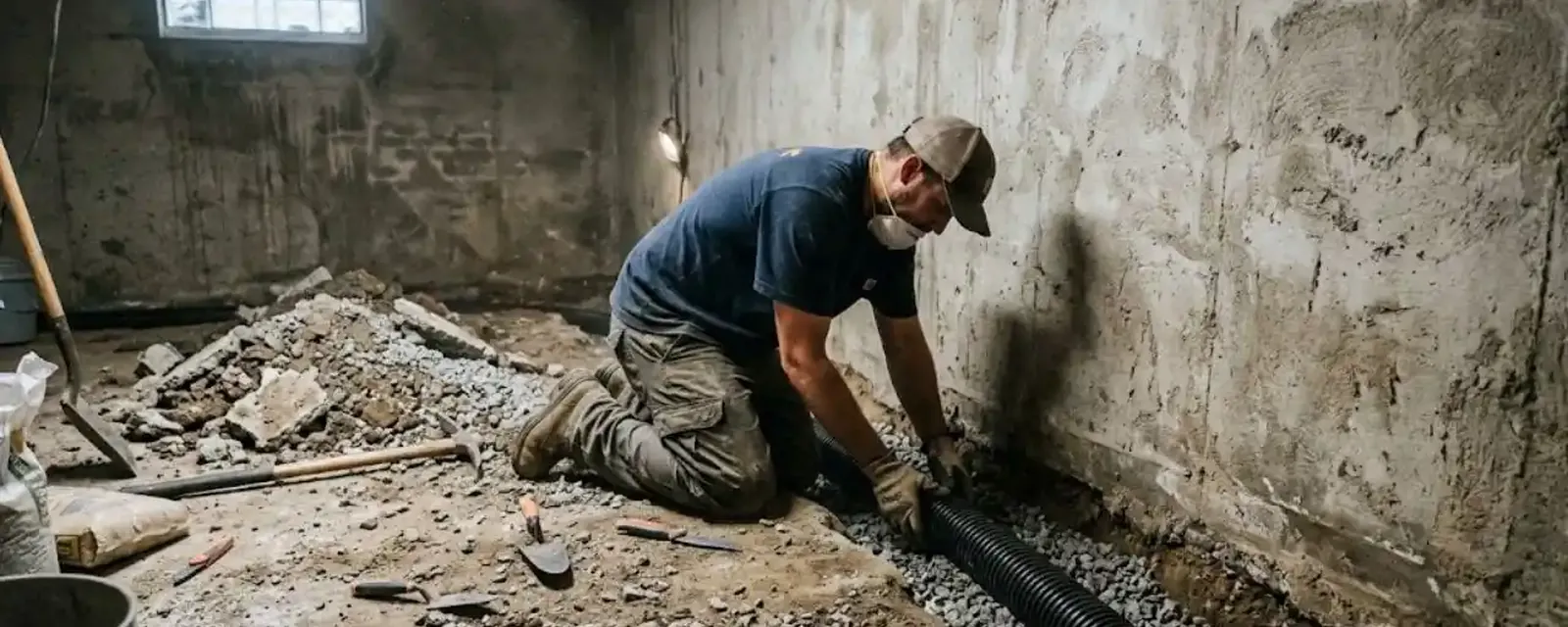 Worker laying an interior drain pipe along a basement wall