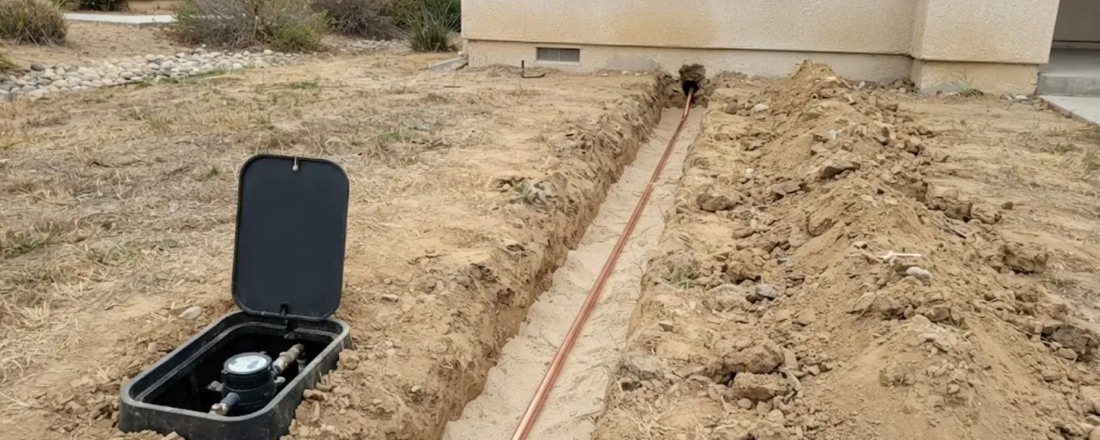 Water meter box beside an open trench for a service line running toward a house