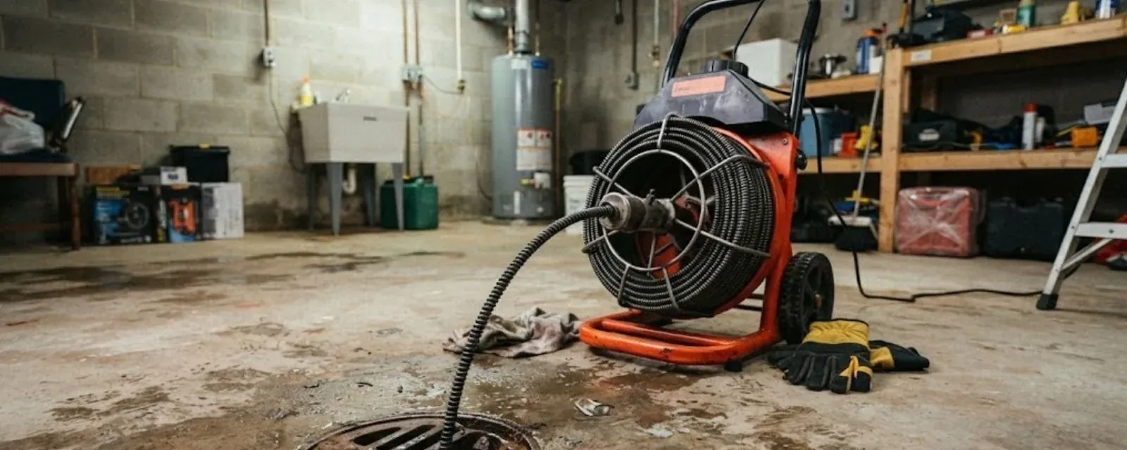 Drain machine with its cable fed into a basement floor drain