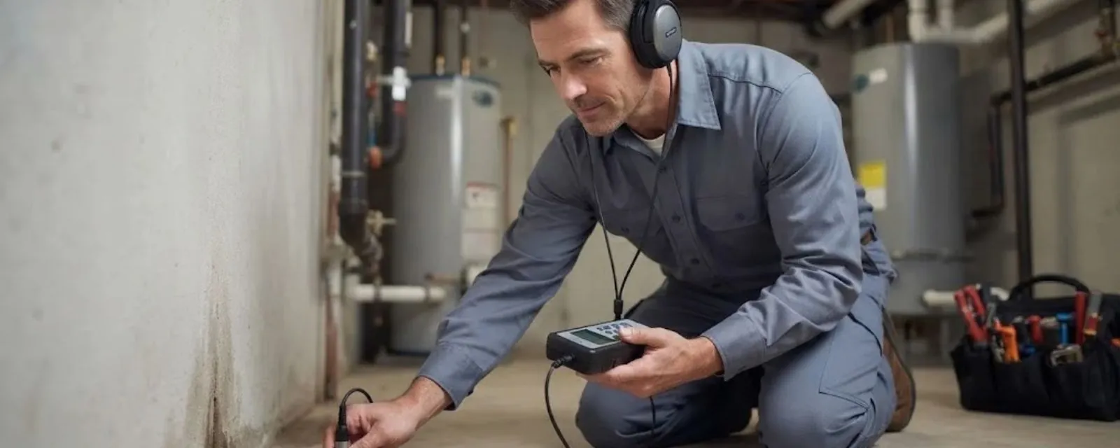 Technician wearing headphones using a listening device to find a leak by a basement wall
