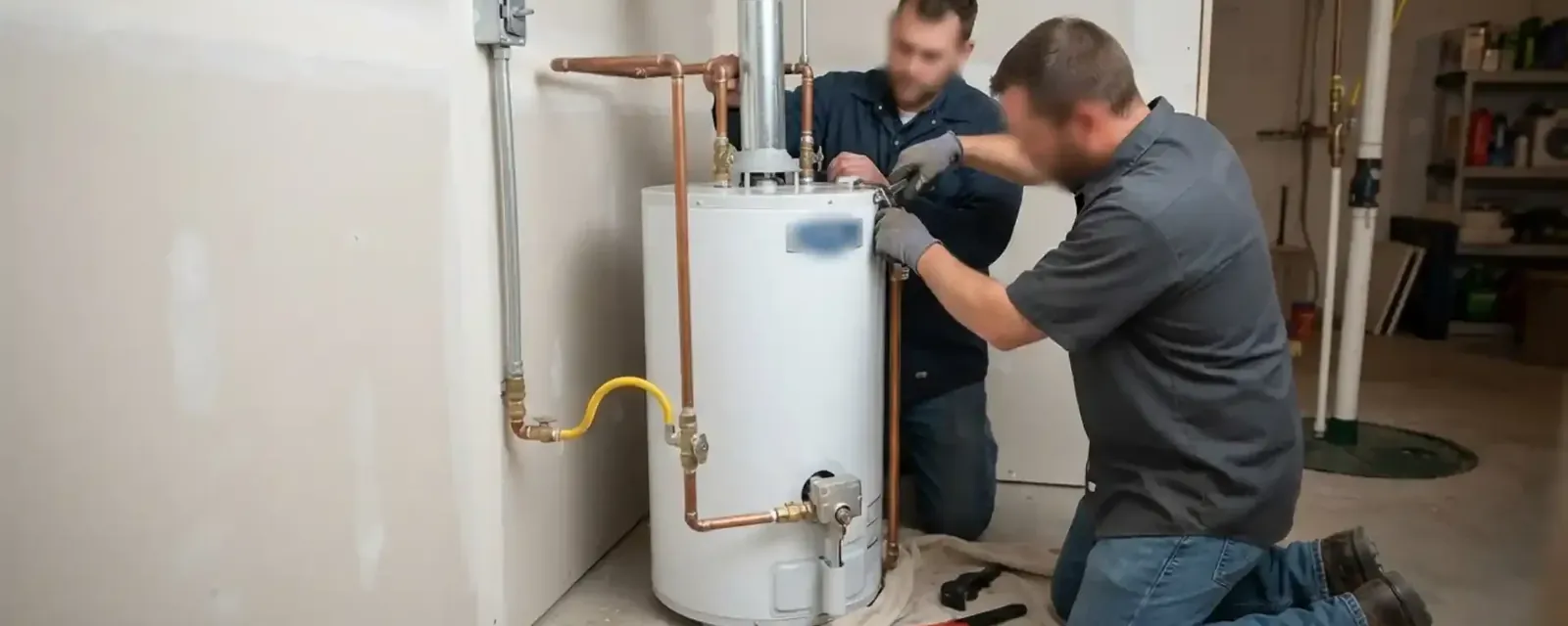 Two plumbers installing a gas water heater in a utility room