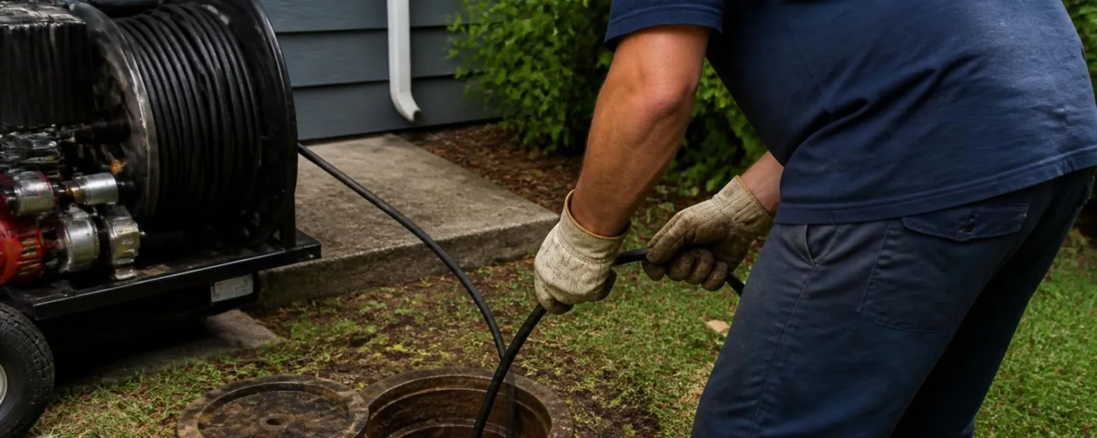 Plumber feeding a drain cable into an outdoor cleanout beside a cable machine
