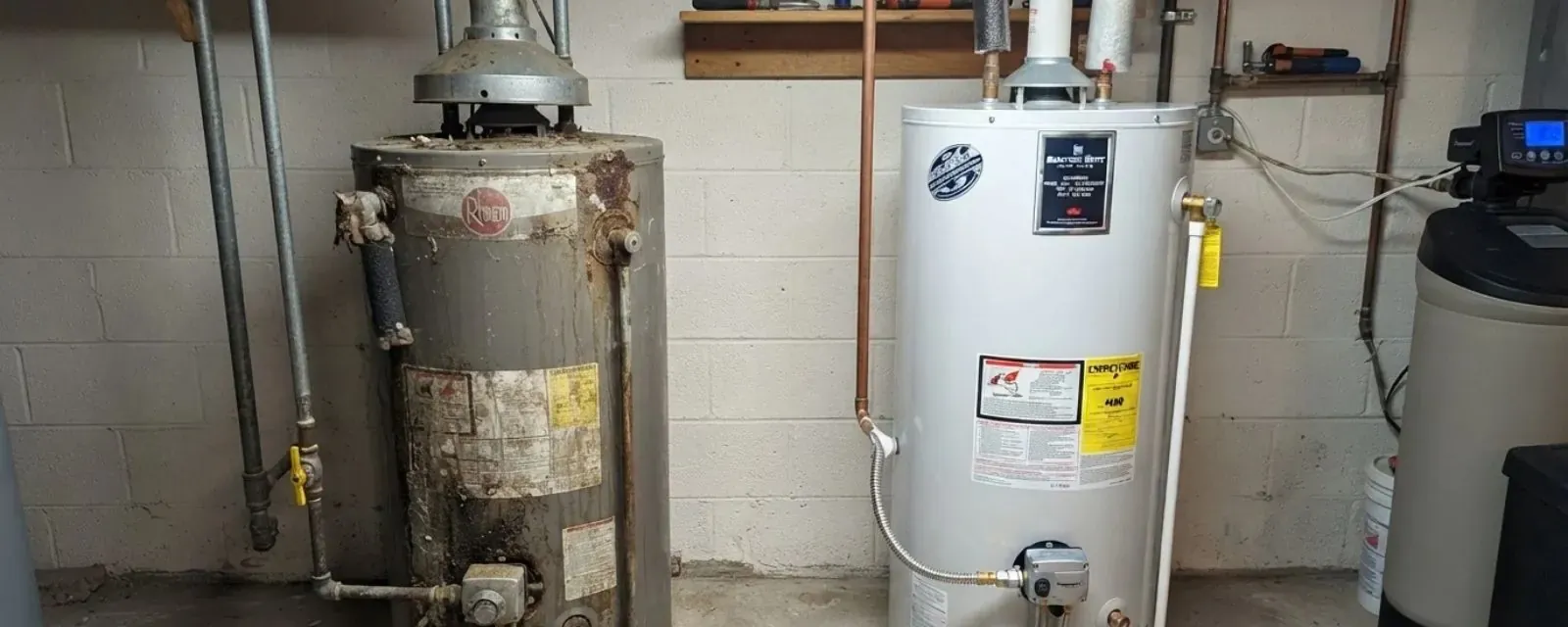 Old rusted tank water heater standing beside a new replacement unit in a basement