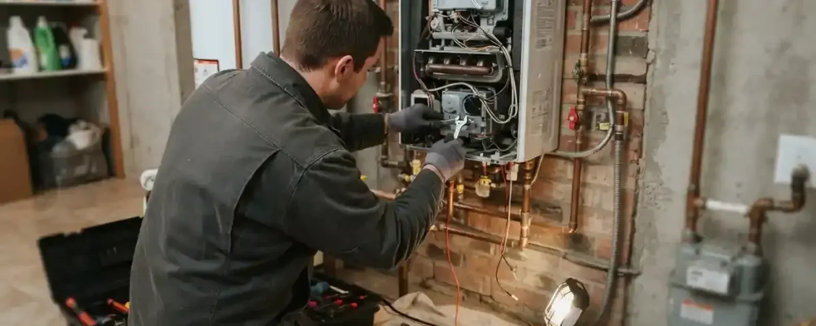 Technician servicing a boiler with his tools beside him