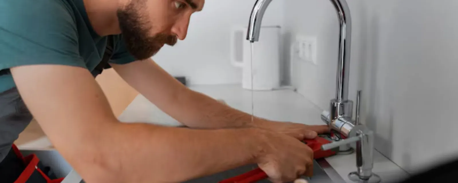 Plumber tightening a kitchen faucet with pliers