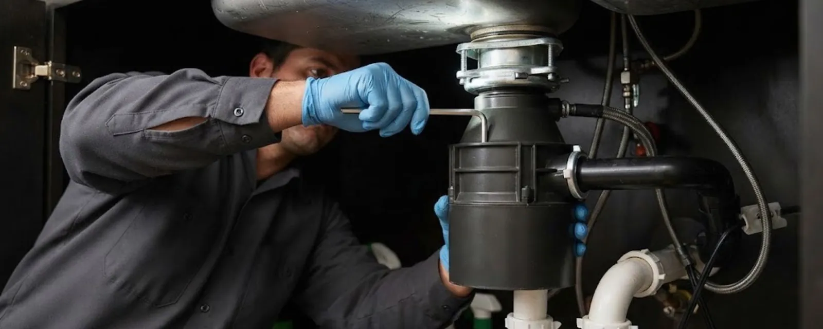 Technician working on a garbage disposal under a kitchen sink