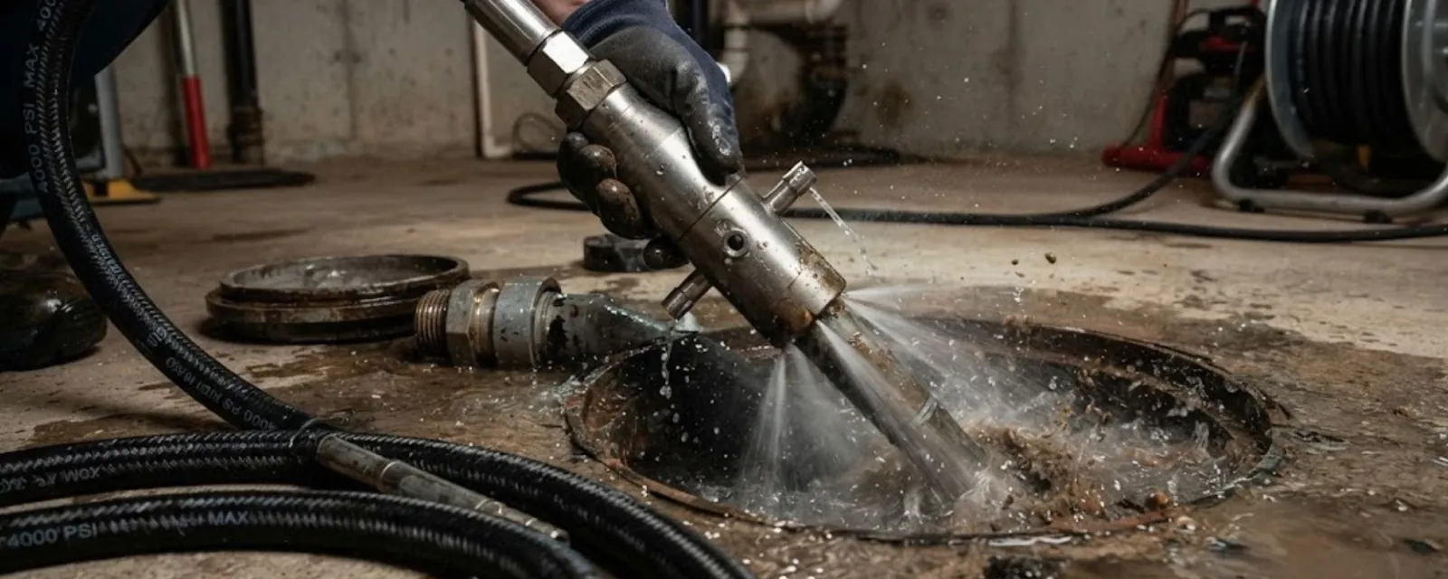 Hydro jetting hose and nozzle spraying water into a garage floor drain