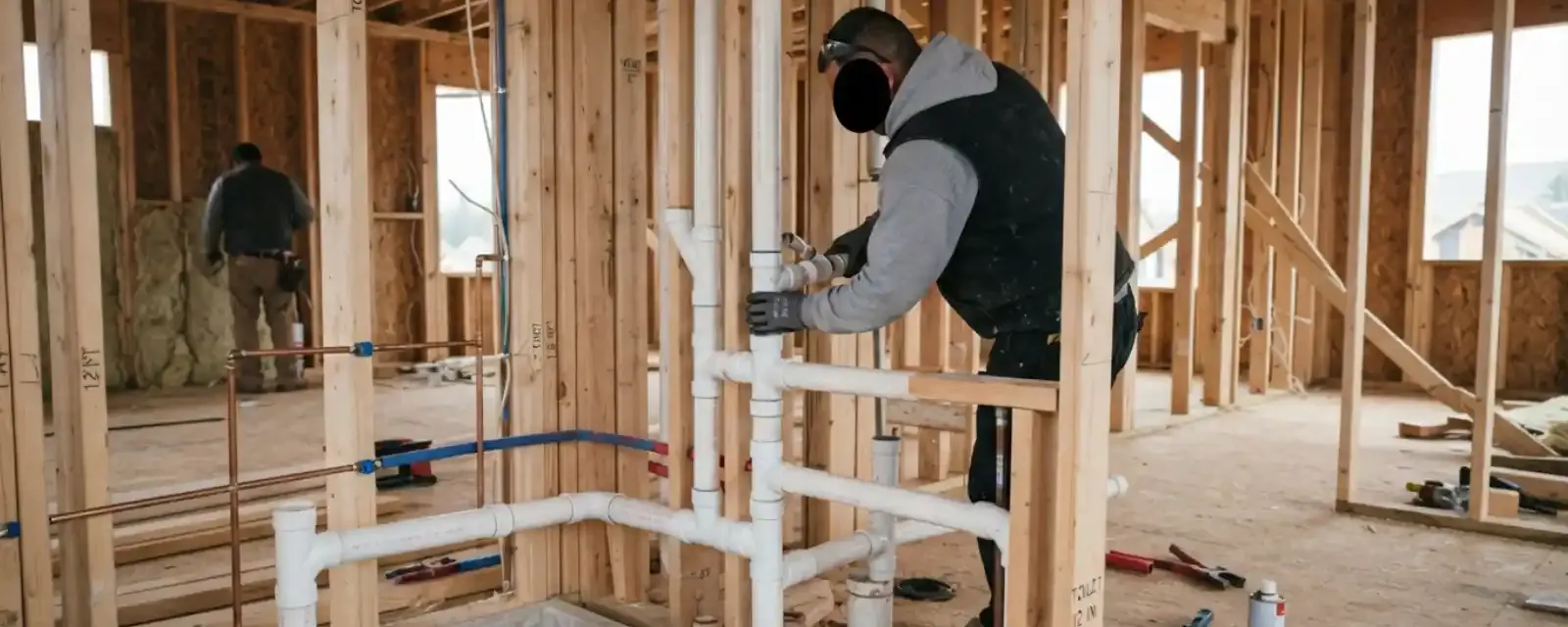 Plumber working on new rough-in piping in a framed bathroom