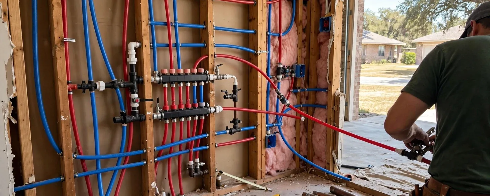 Technician crimping PEX piping at a manifold in an open wall