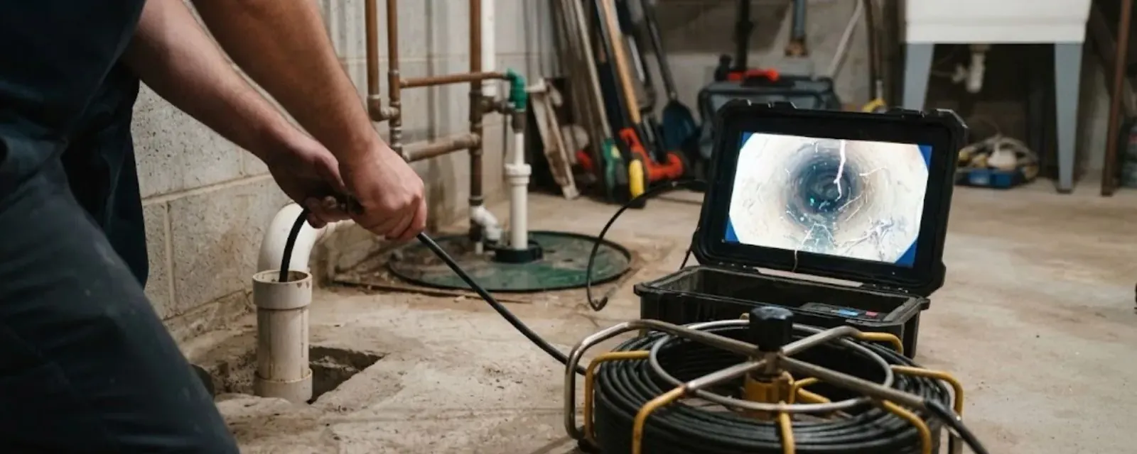 Technician with a sewer camera reel and monitor at an outdoor cleanout