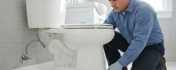 Plumber kneeling beside a toilet base to reset it on a new wax ring