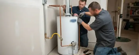 Two plumbers installing a gas water heater in a utility room