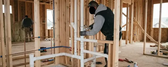 Plumber working on new rough-in piping in a framed bathroom