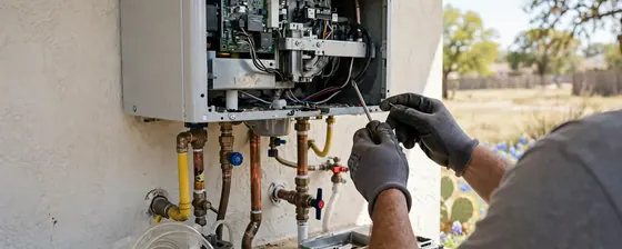 Technician servicing a wall-mounted tankless water heater with its panel open